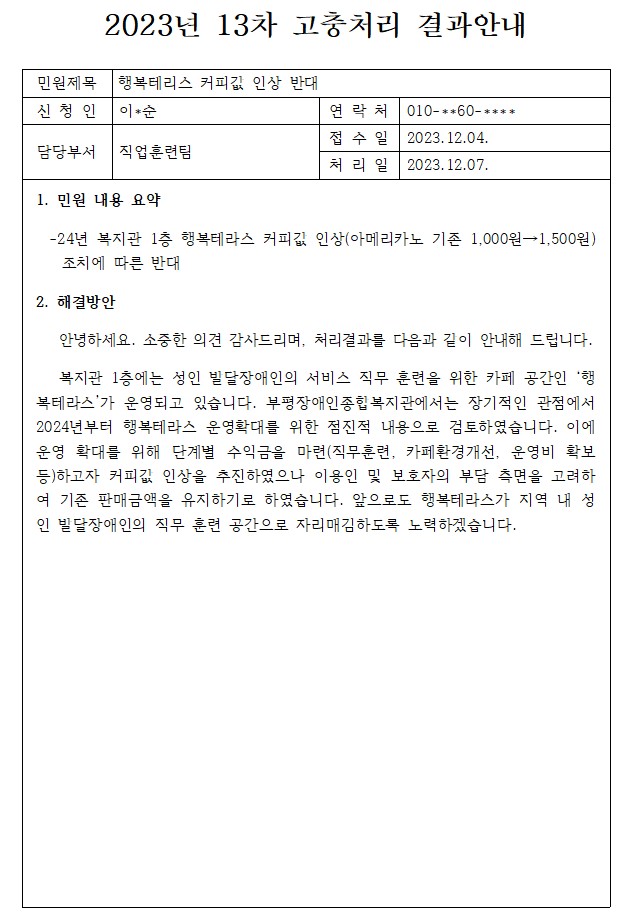 복지관 1층 행복테라스 커피값 인상에 따른 반대의견 접수에 따른 고충처리 결과 안내 문의 기획상담팀 권선미 070-4673-3012