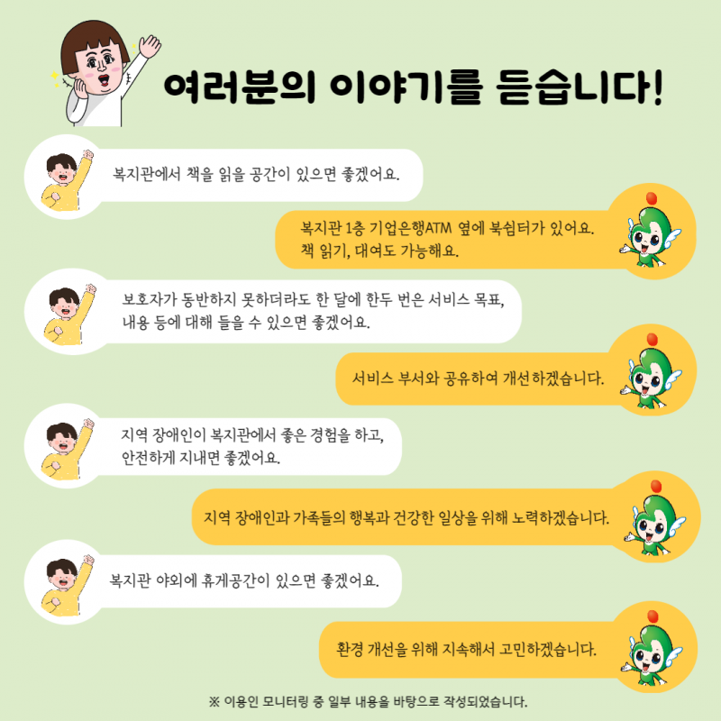 복지관에서는 사람 중심 복지관 운영을 위해 노력하고 있습니다. 매 월 10명의 이용인을 선정해 서비스 만족도 및 의견을 듣습니다. 소중한 의견 감사드립니다. 이용인 모니터링 중 일부 내용을 바탕으로 작성되었습니다.