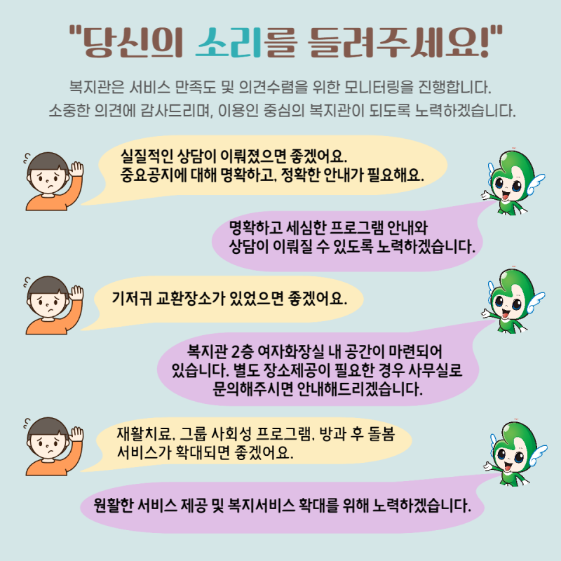 복지관은 서비스 만족도 및 의견수렴을 위한 모니터링을 진행합니다. 소중한 의견에 감사드리며, 이용인 중심의 복지관이 되도록 노력하겠습니다. 